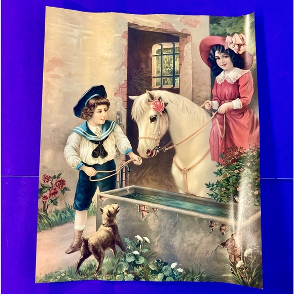 Victorian Style Vtg. Print Boy w/Girl On White Pony - Picture 1 of 7